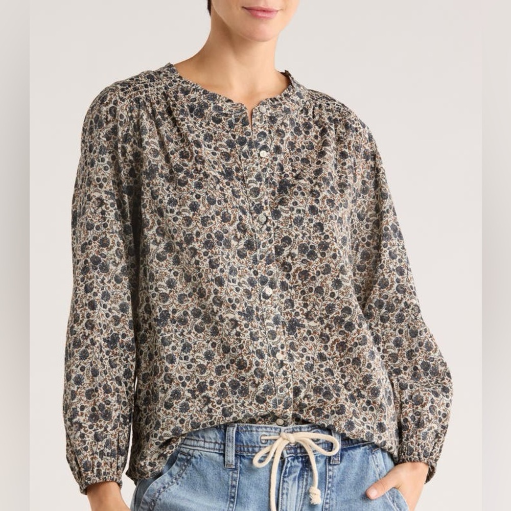 LUCKY BRAND EUC Blockprint Floral Long Sleeve Button-Up Top